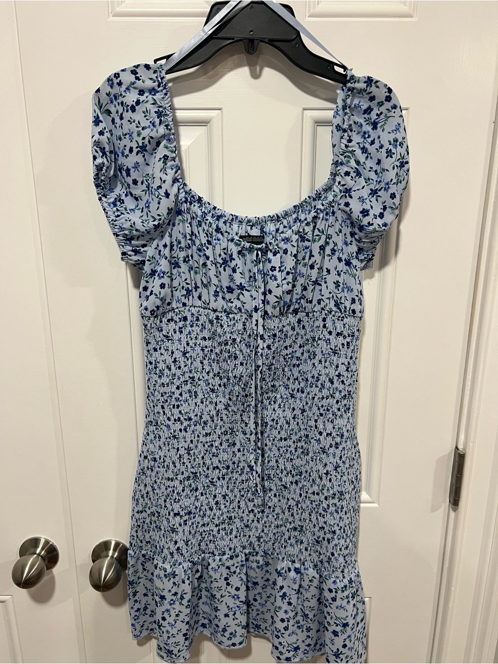 Blue Floral Smocked Puff Sleeve Dress
